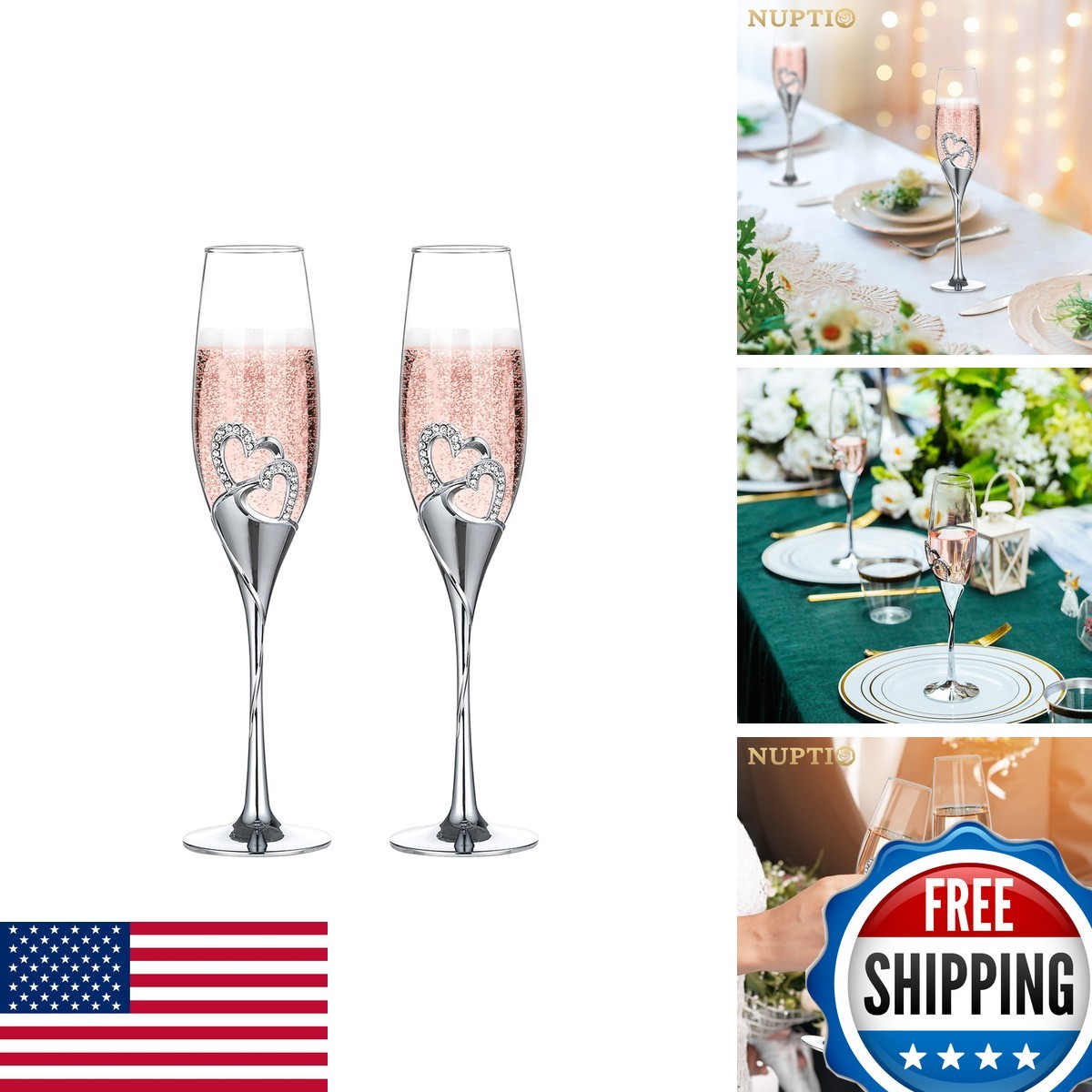 NUPTIO Gold Crystal Champagne Flutes Set of 2
