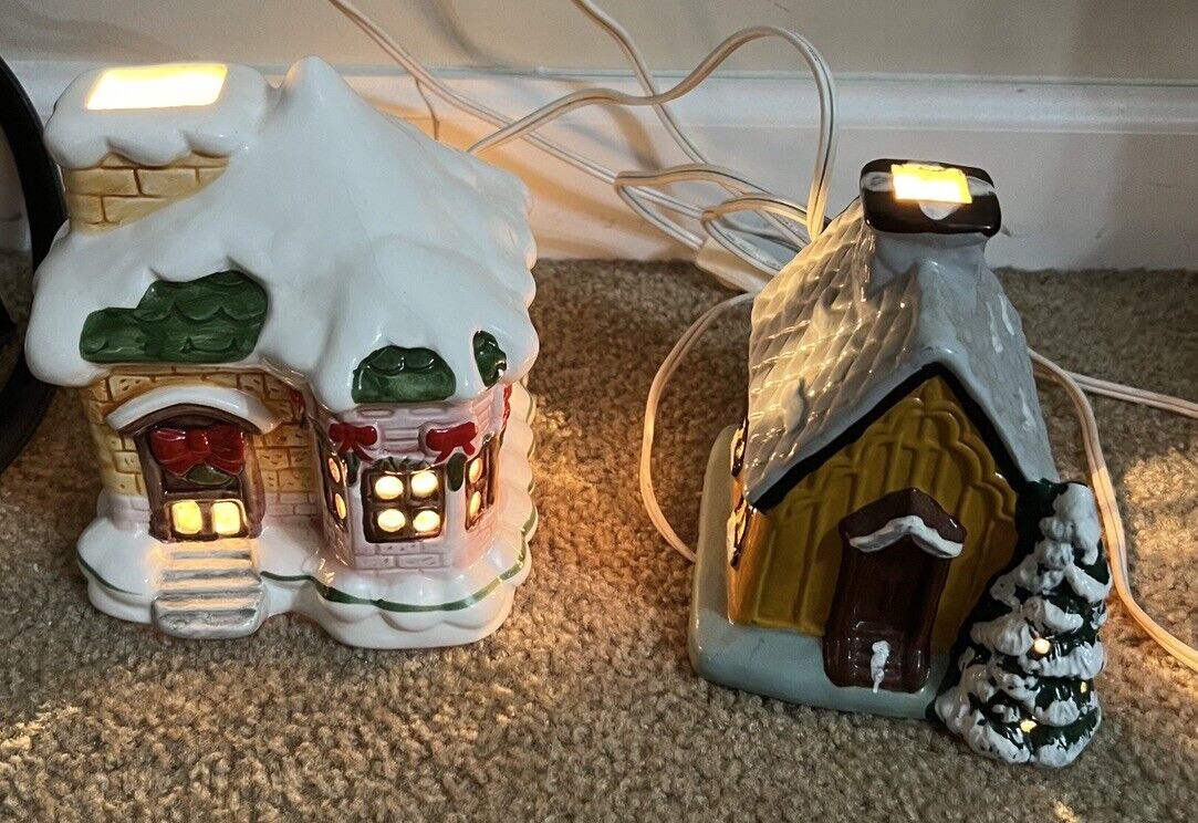Vintage Christmas Village Lighted Ceramic Houses lot of 2 