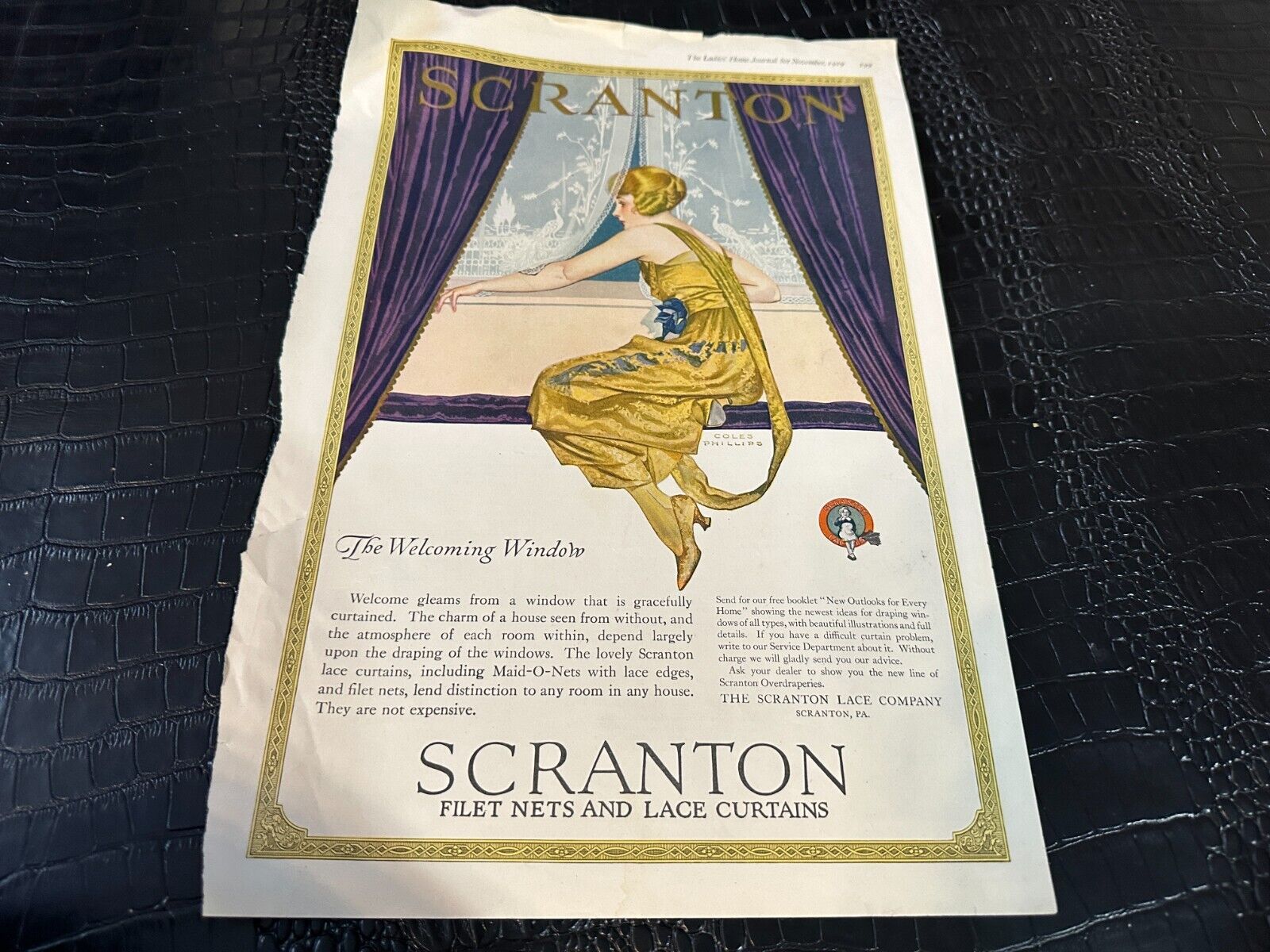VINTAGE MAGAZINE AD #A008 - 1919 SCRANTON CURTAINS - COLE PHILLIPS