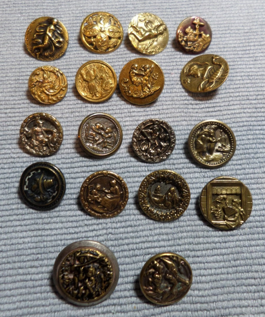 18 Vintage Antique Metal Picture Buttons PEOPLE