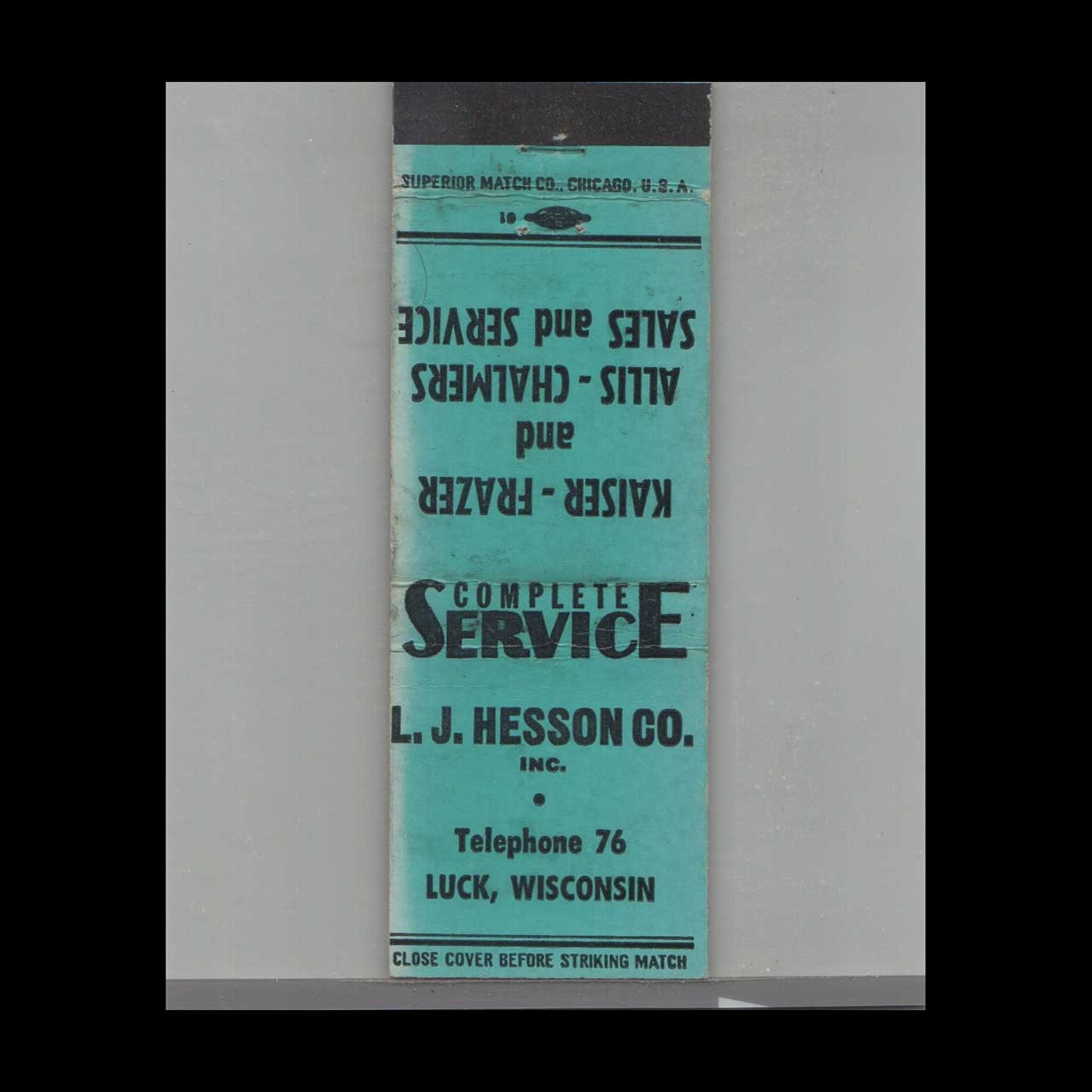 Matchbook Cover Kaiser Frazer Auto Dealer L.J. Hesson Co. Luck, WI
