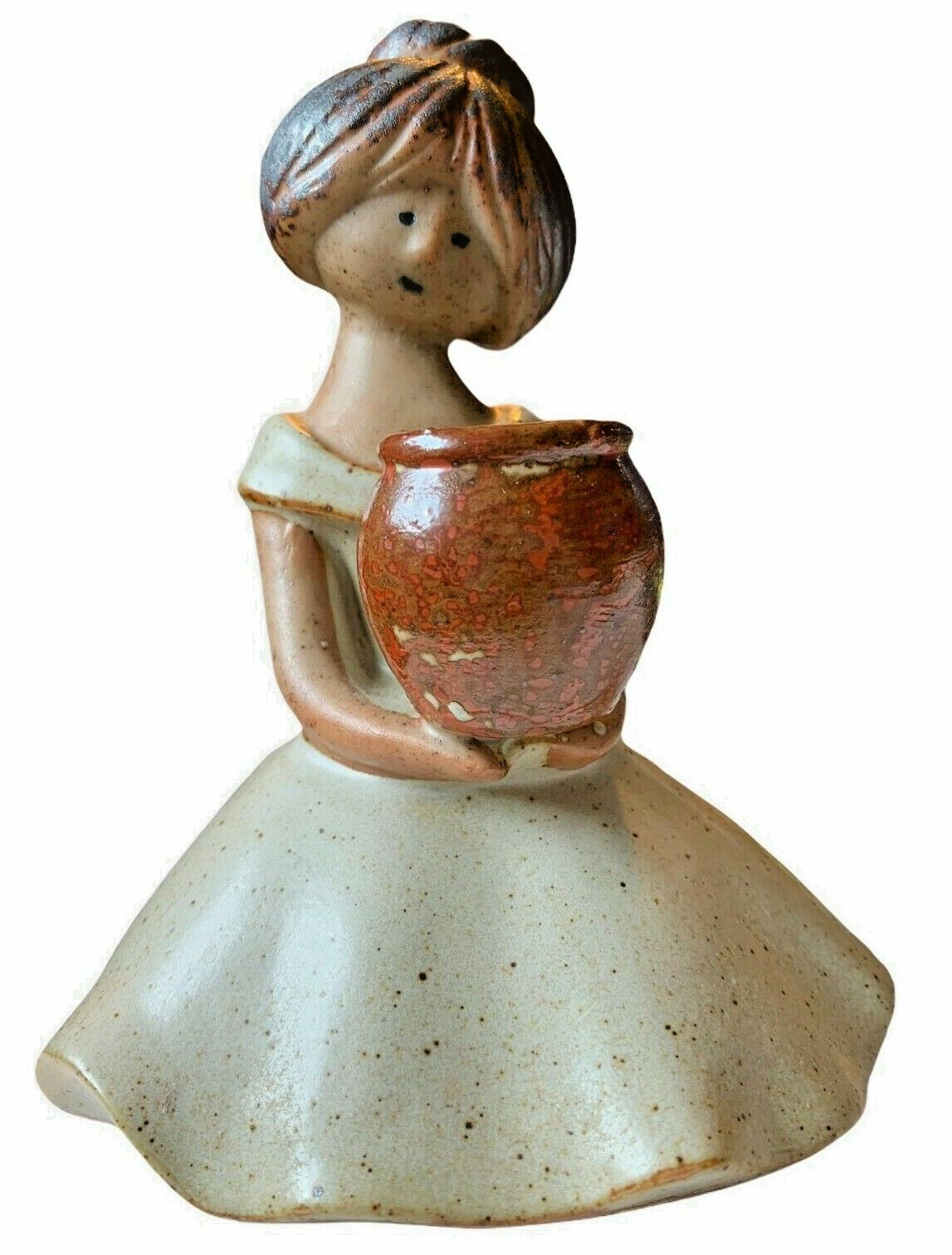 Vintage 1970s Japan Clay Figurine Kneeling Girl with Pot Mission Style