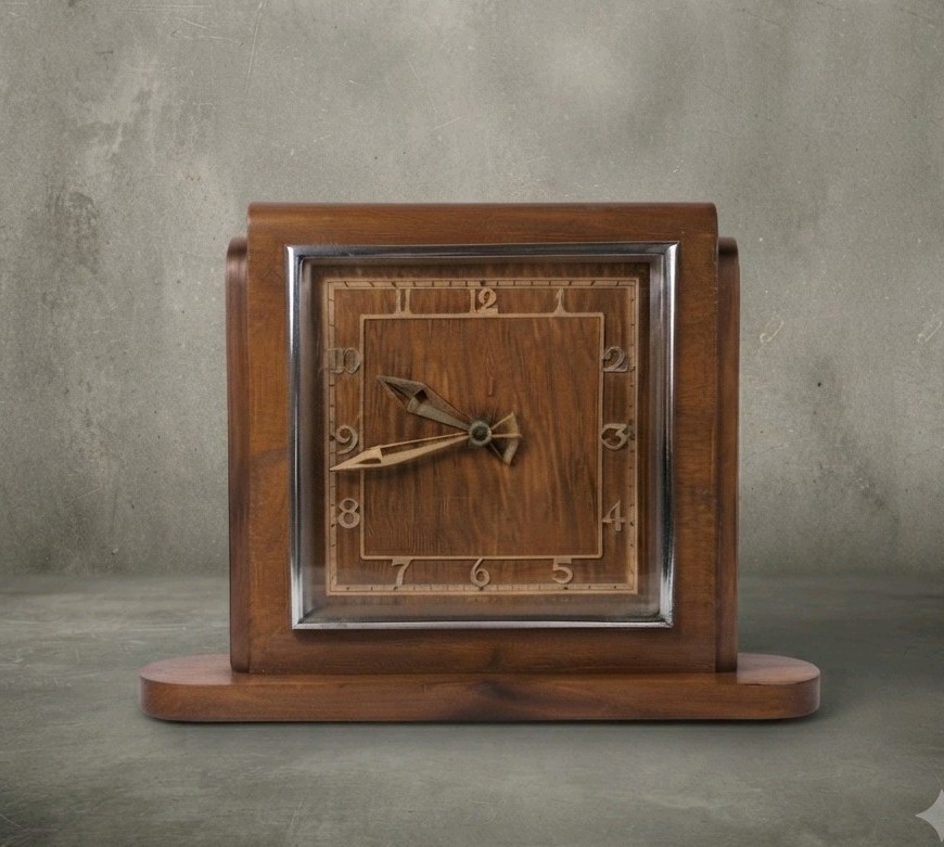 Vintage Art Deco Garrard Mantel Clock Veneered Wood Chrome Bezel Arabic Numbers Vintage Art Deco Garrard Mantel Clock Veneered Wood Chrome Bezel Arabic Numbers