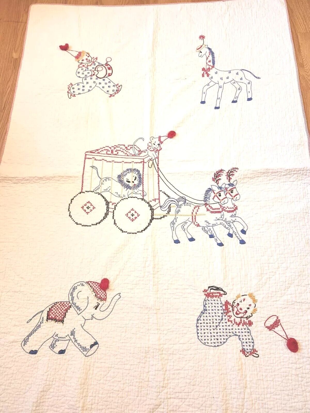 Rare Vintage Hand Made Circus Embroidered Quilt Twin