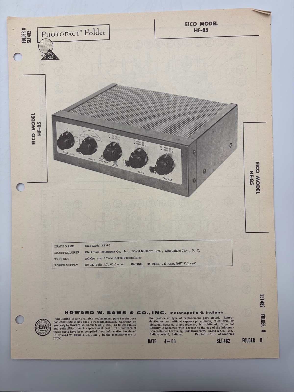 Original Sams Photofact Manual EICO HF-85 Stereo Tube Preamplifier W Schematic