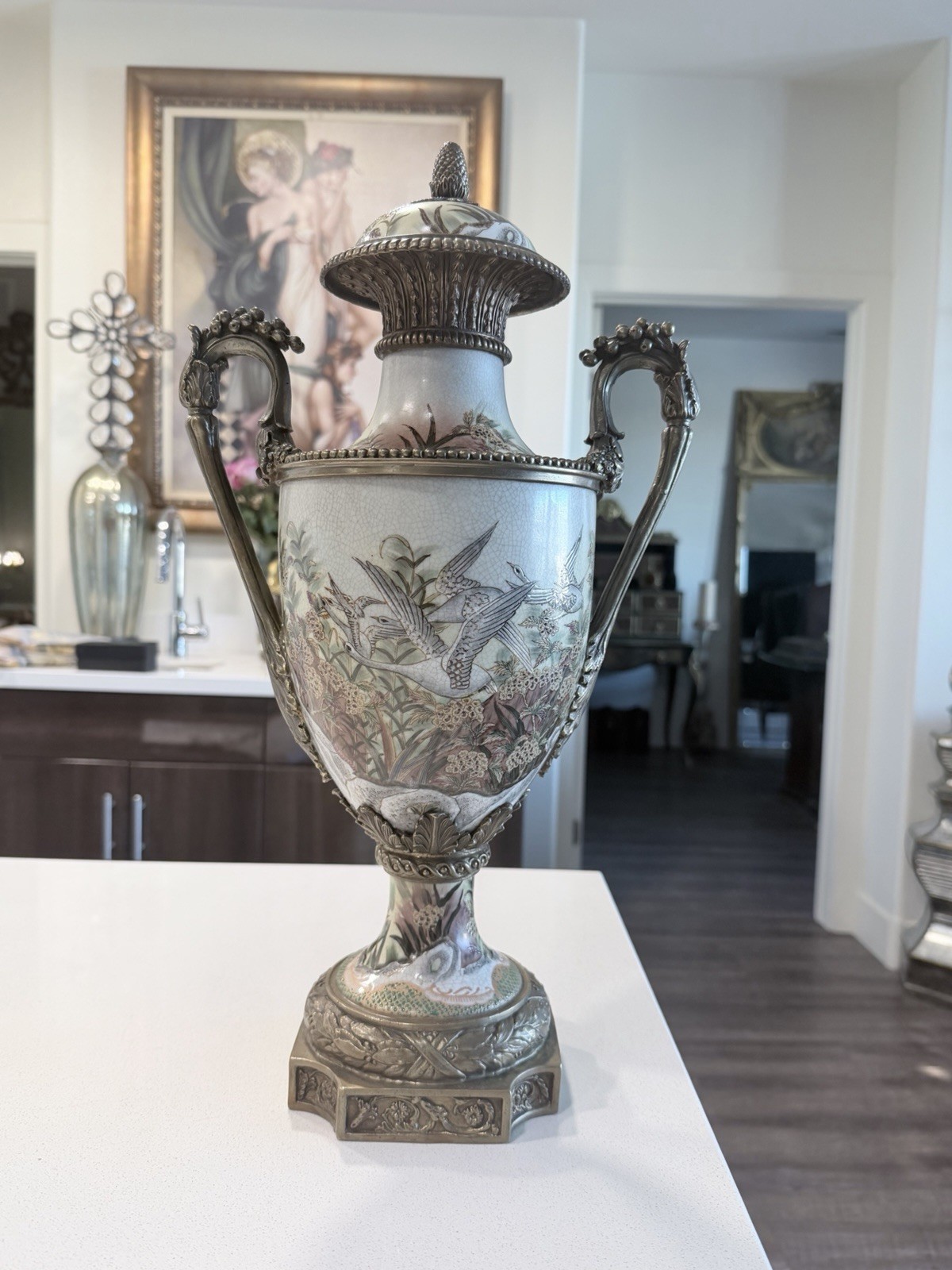 Large Chinese Style Porcelain Urn Vase Brass Mounted Bird Floral Lidded 18.5