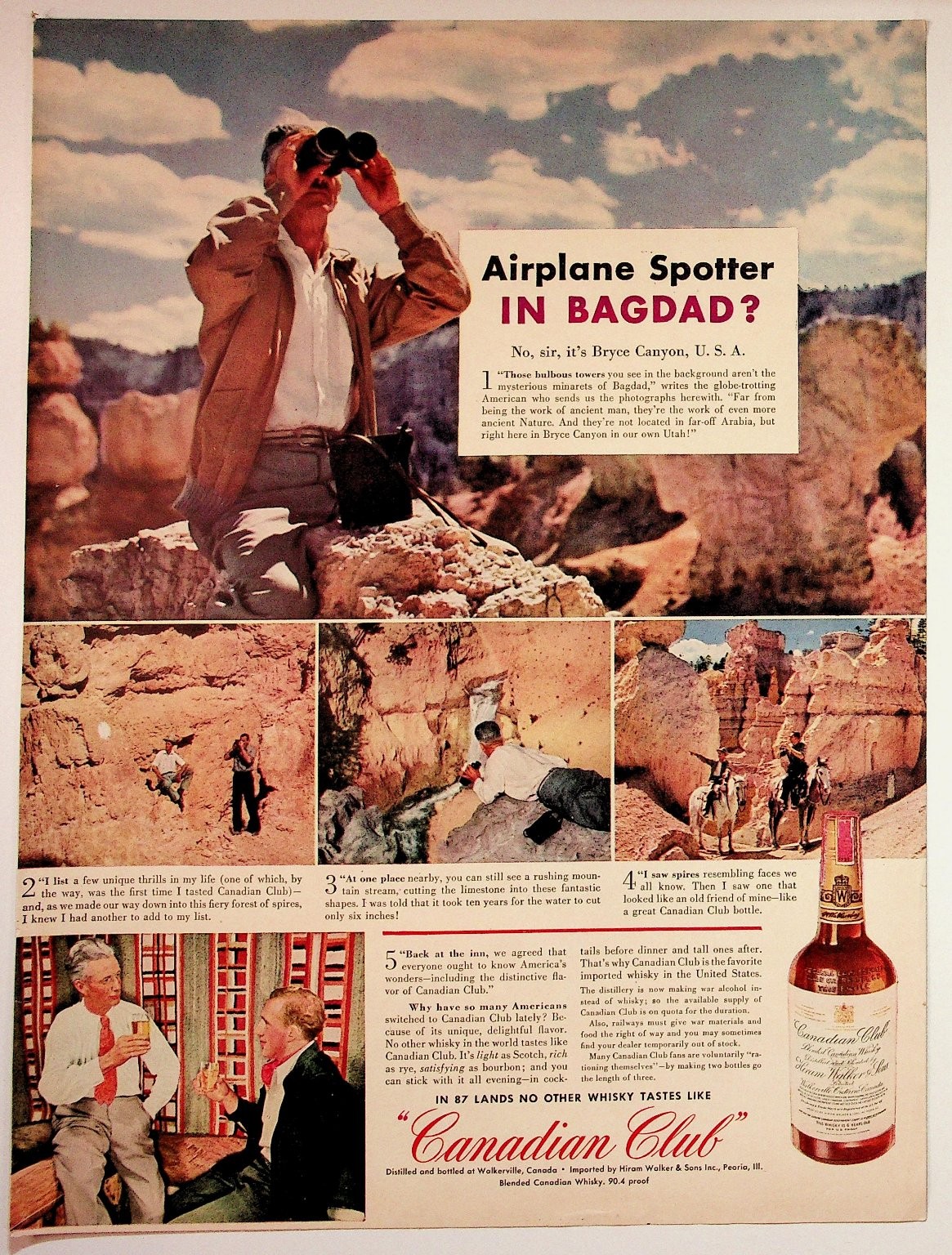 Vintage 1943 Canadian Club Whisky Magazine Print Ad Bryce Canyon Utah WWII Era