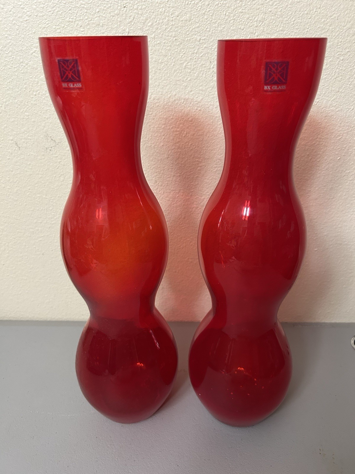 BX Blown Art Glass Vase Hourglass Shape Red Christmas 16” Pair (2) MCM BX Blown Art Glass Vase Hourglass Shape Red Christmas 16” Pair (2) MCM