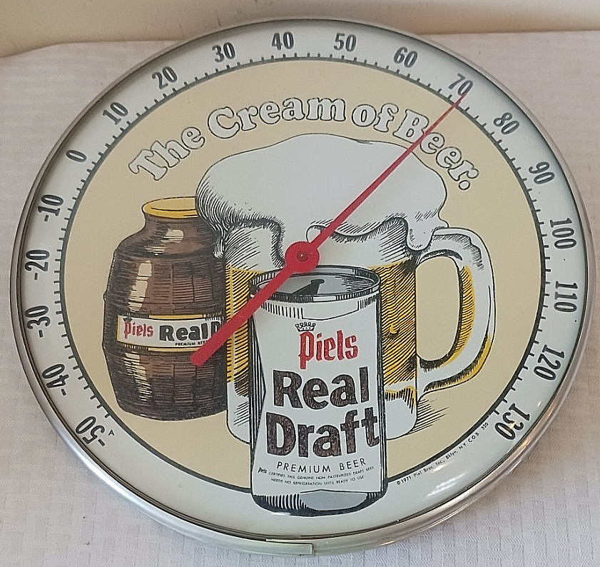 1971 Original Advertising Thermometer Sign Glass Bubble Works Piels Real Draft