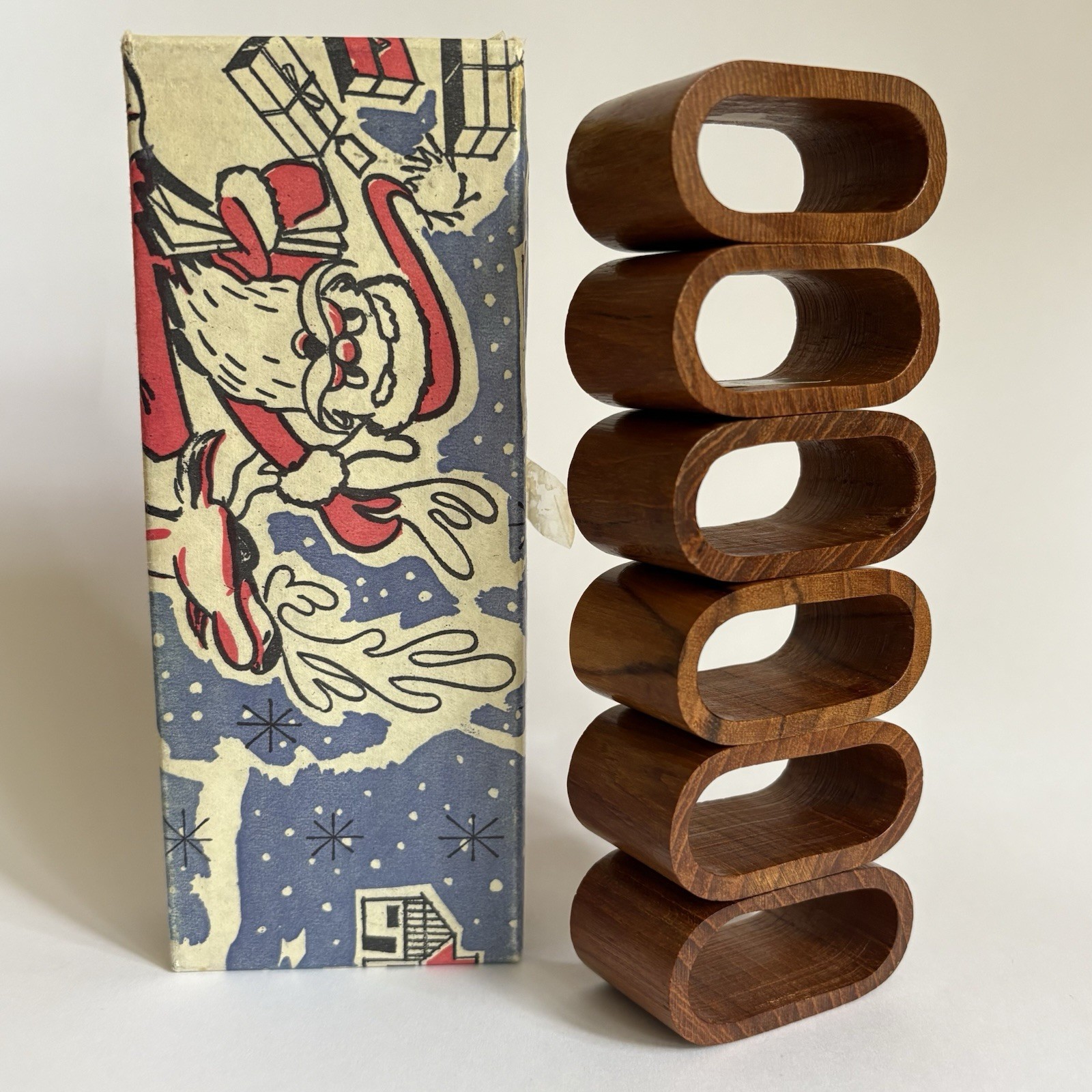 Vintage Danish Teak Napkin Rings Set of 6 Retro Christmas Gift Box 1960s MCM