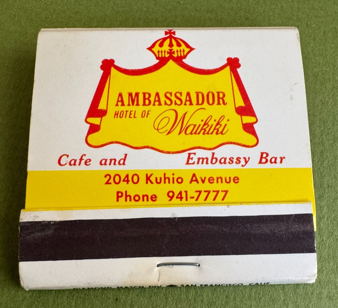 Ambassador Hotel  of Waikiki, Hawaii Matchbook , Vintage, Almost Perfect ++++