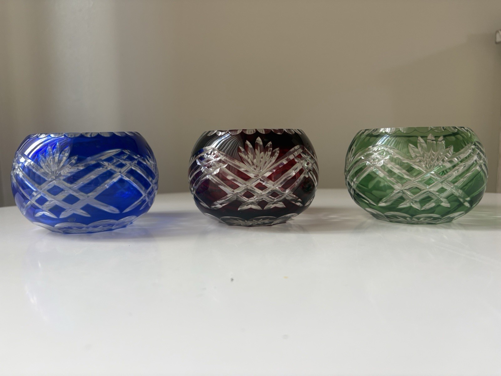Vintage Bohemian Glass Cut Bowls Candle Holder Cobalt Blue Green Red Set of 3