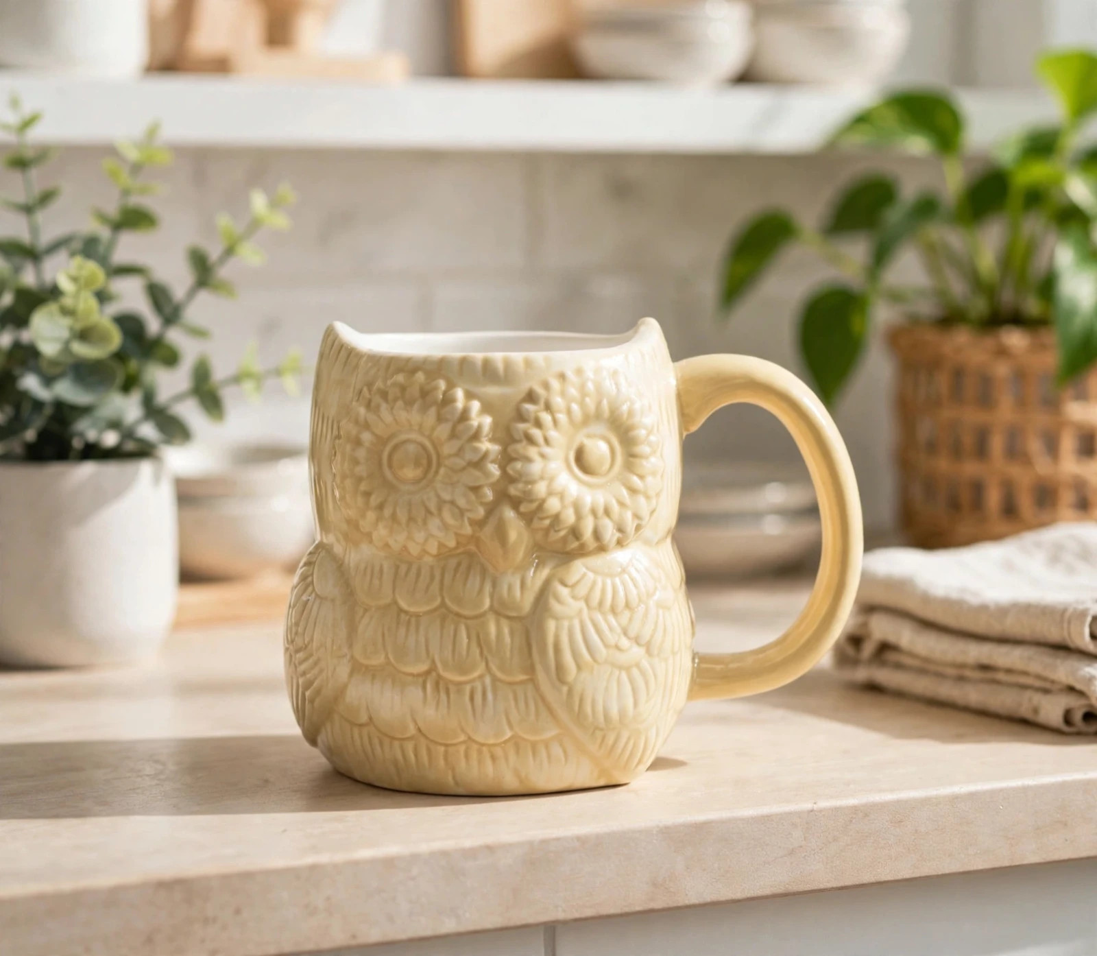 NWOT Great Gatherings 3D Owl Coffee Mug 16oz Beige Embossed Glazed - MINT