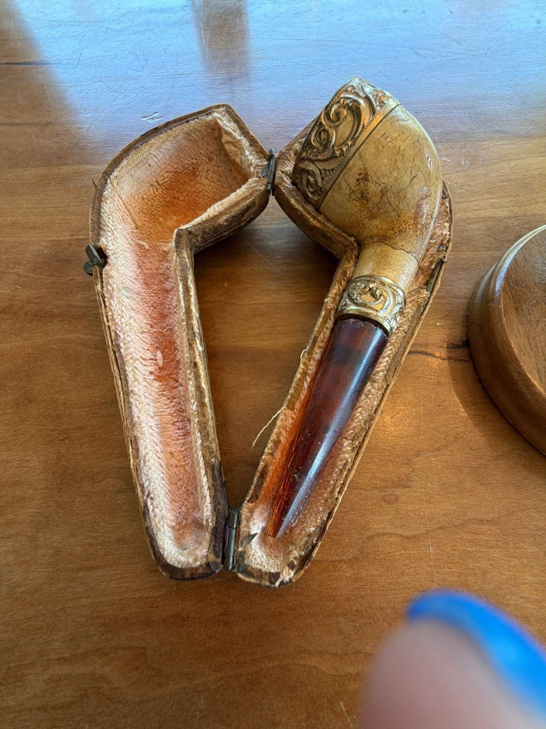 Antique CPF Meerschaum Pipe with Ornate Silver Band and Fitted Case and stand