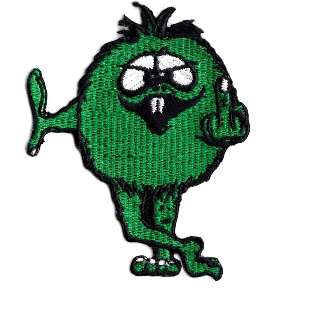 Retro Novelty Embroidered Patch Green Middle Finger Monster