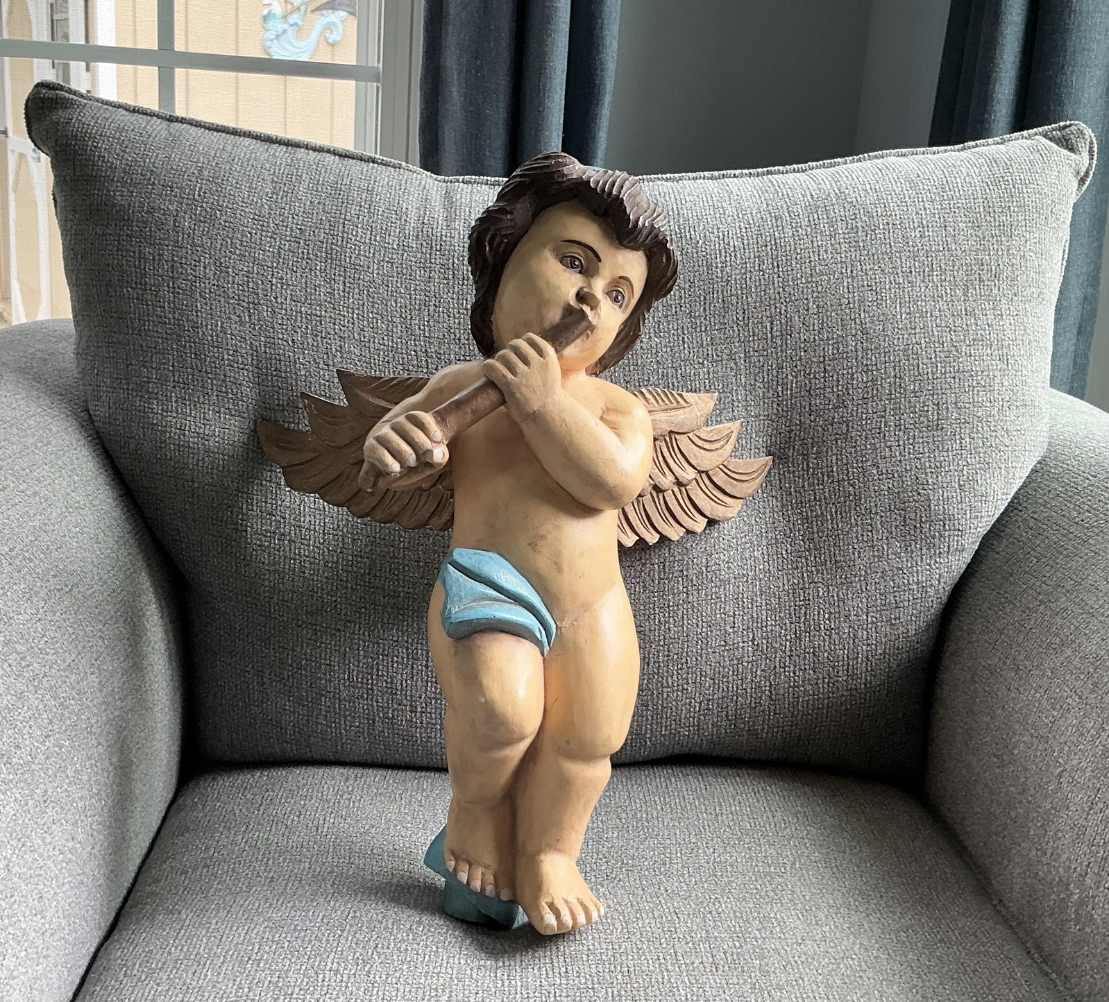 Antique Hand Carved Painted Wood Large Angelic Cherub Putti  Sculpture 18\