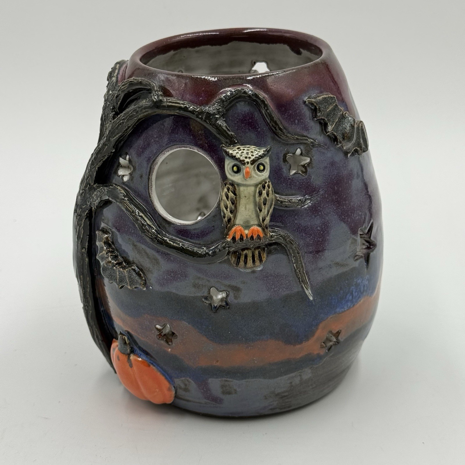 Studio Art Pottery Halloween Owl Bats Pumpkin Lantern Luminary Signed 2018