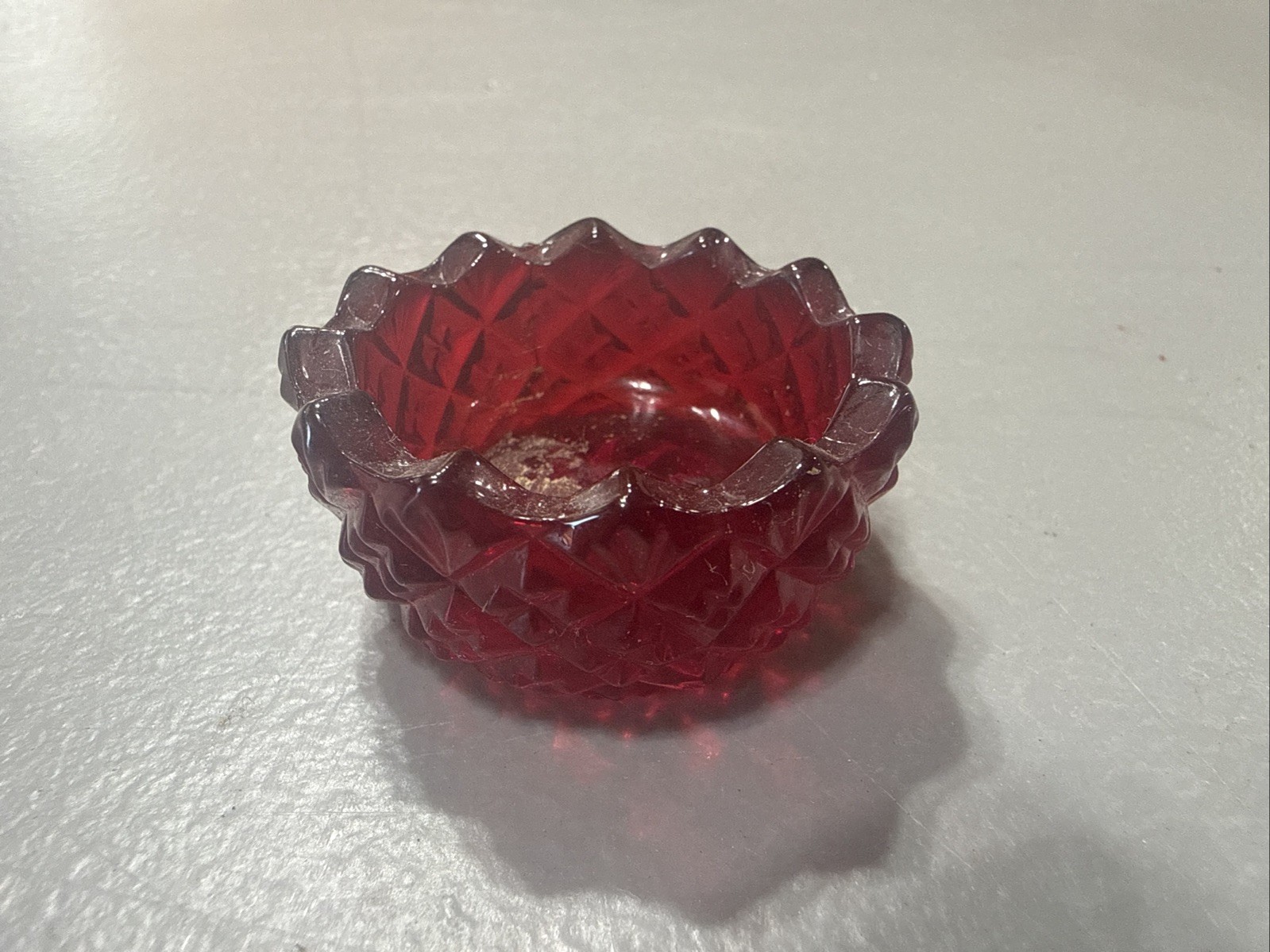 Vintage Ruby Red Diamond Pattern Sawtooth Glass Salt Cellar Dip 