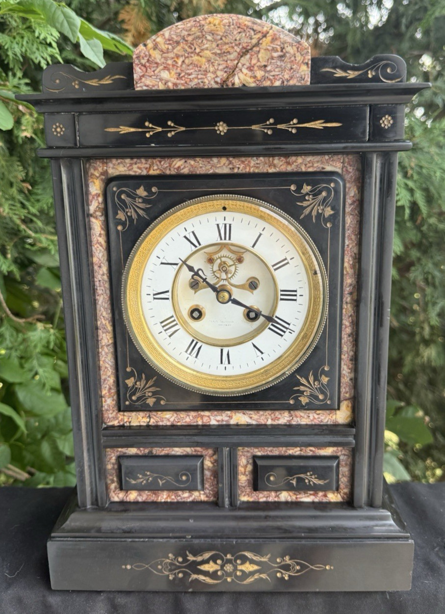 C 1890 French Slate & Granite Mantle Clock - VIDEO - OPEN ESCAPEMENT - SERVICED