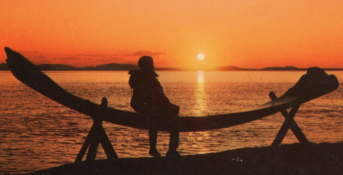 Vtg Kotzebue Alaska AK Boy Sitting on Whale Jawbone Midnight Sunset Postcard