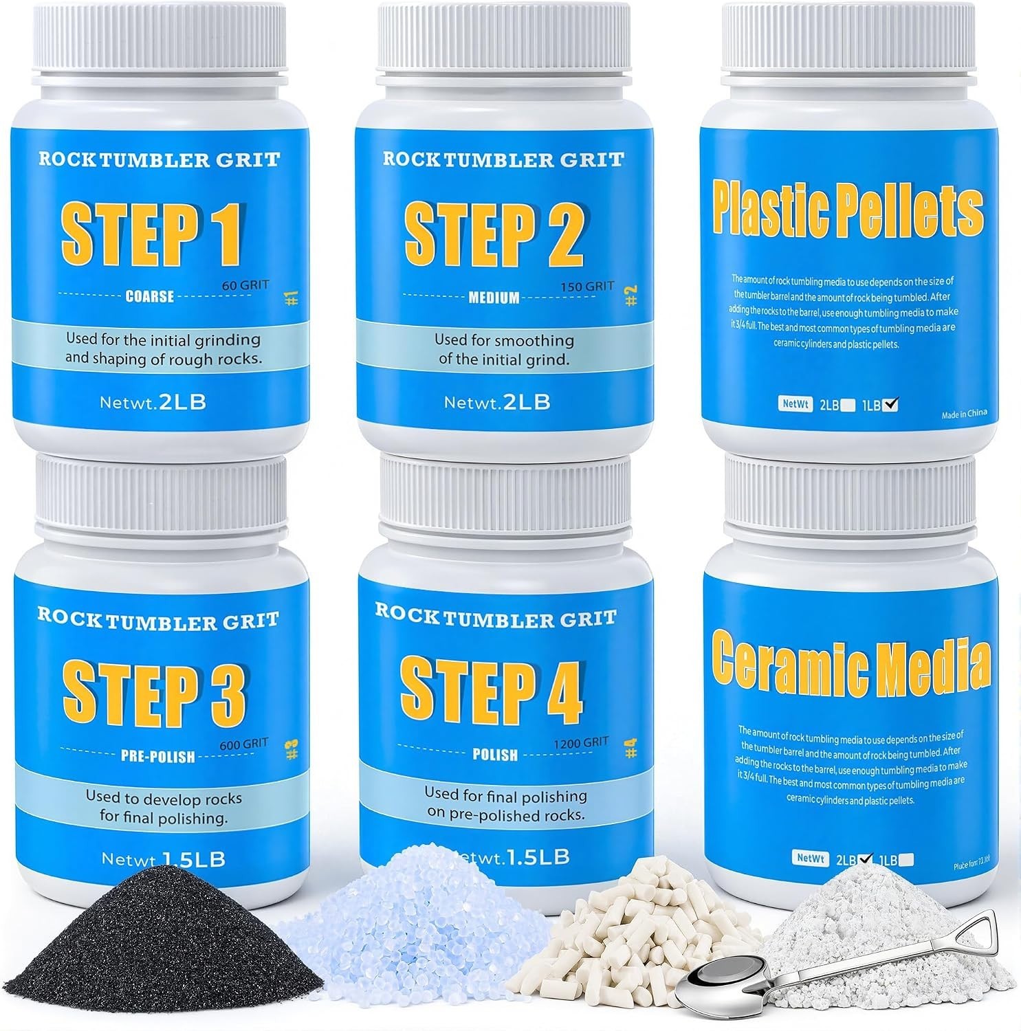 10LB Rock Tumbler Grit Kit: 4-Step Polish & Dual Media for Glossy Gems