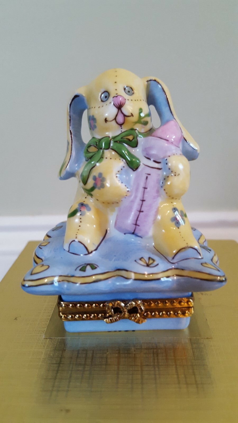 NIB Limoges France RCM Blue Bunny Rabbit w/Baby Bottle Hand Painted Hinged Box 