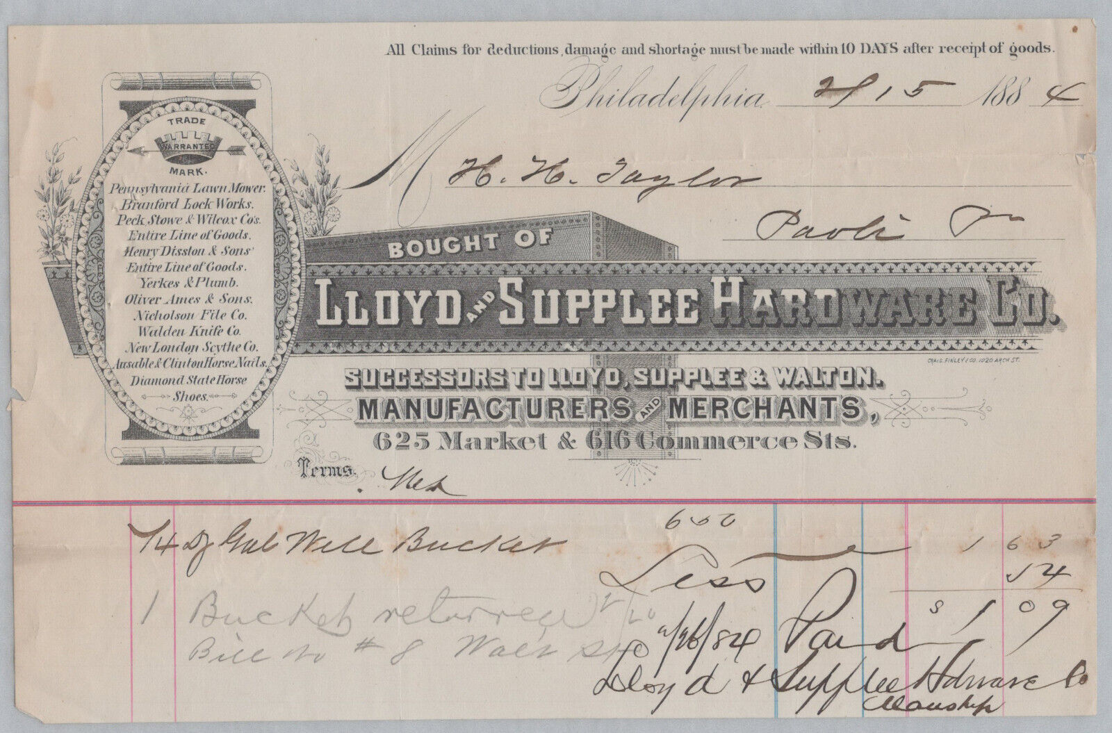1884 Lloyd & Supplee Hardware Philadelphia Receipt Bill