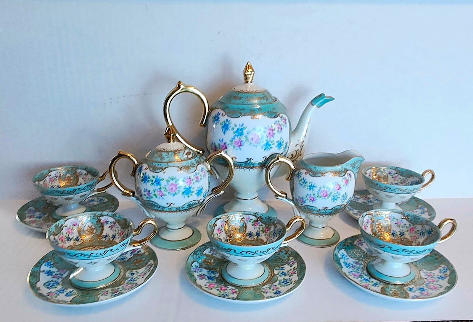 Mid Century Rococo Turquoise Floral Tea Service Set Pedestal Teapot Cups G937