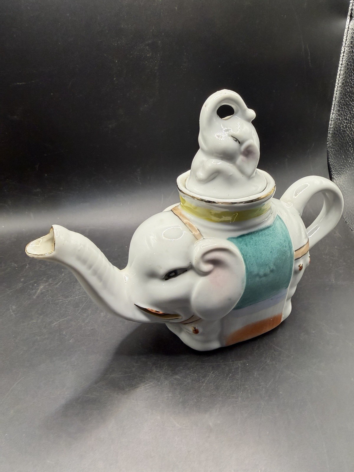 Vintage Chinese Porcelain Elephant Teapot Hand Painted Mother Baby Lid