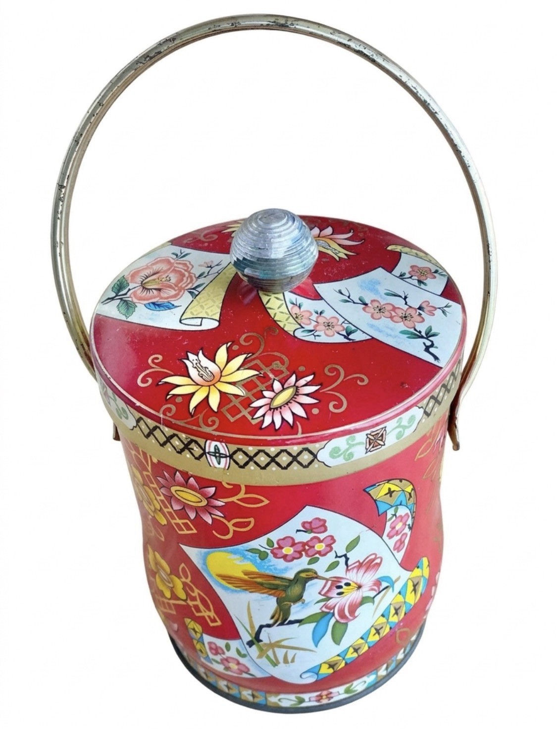 Vtg 60's, Murray Allen Red Tin Candy Coffee Canister Box Handle Art Hummingbird