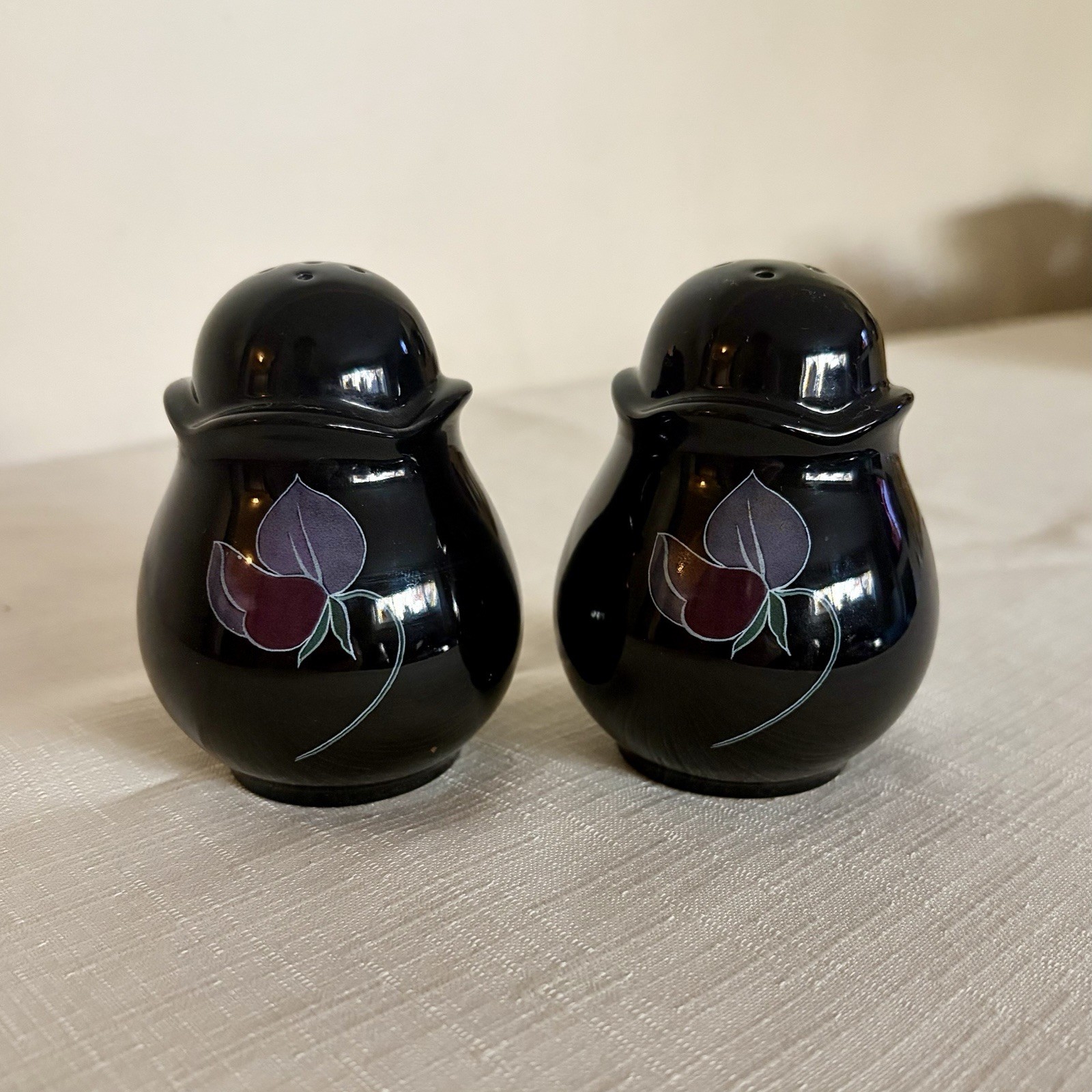 Vintage Mikasa Tango Salt and Pepper Shakers Black Floral Japan 1980s