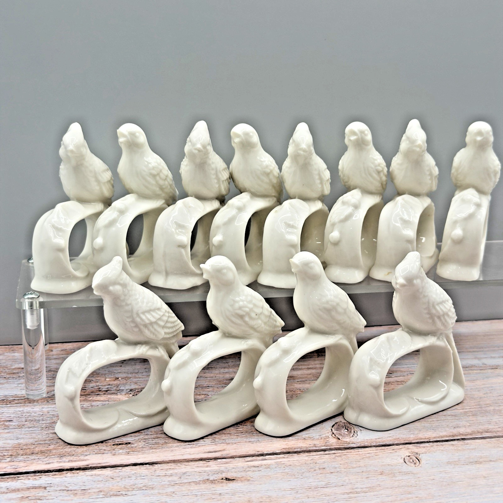 VTG Ardalt Bone China Bird Napkin Rings Set of 12 Male & Female Taiwan White