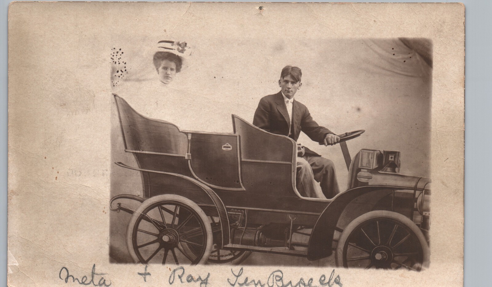 RIDING SILLY PROP CAR real photo postcard rppc arcade automobile man woman