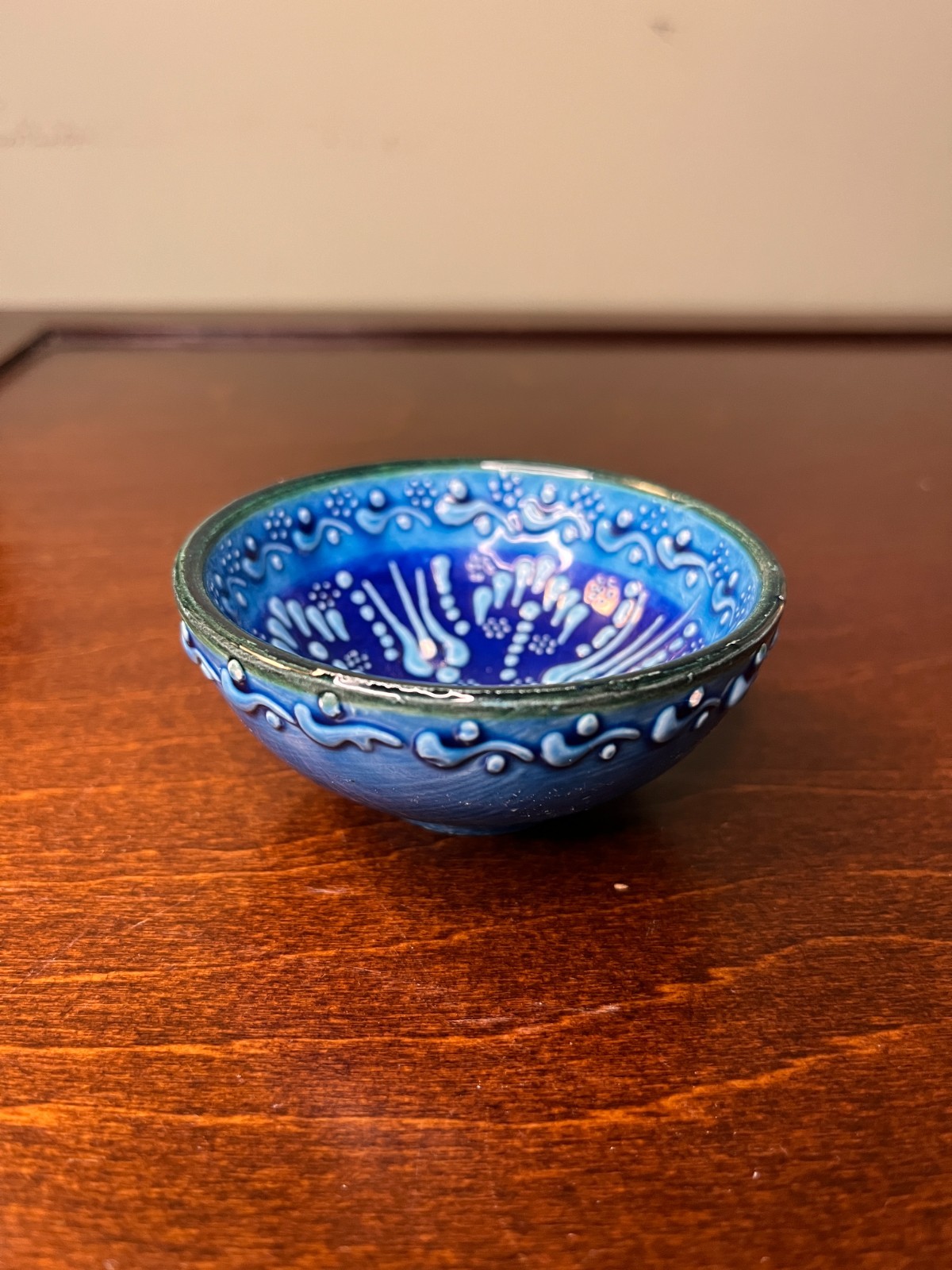 Vintage Turkish Iznik Style Ceramic Bowl Blue Raised Floral Pottery 3.25\