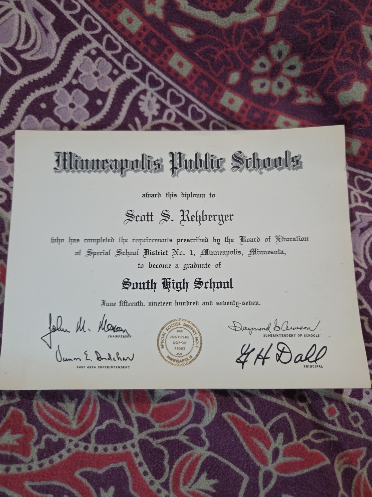 Vintage 1970 Graduation Diploma South High School-Minneapolis, Minnesota