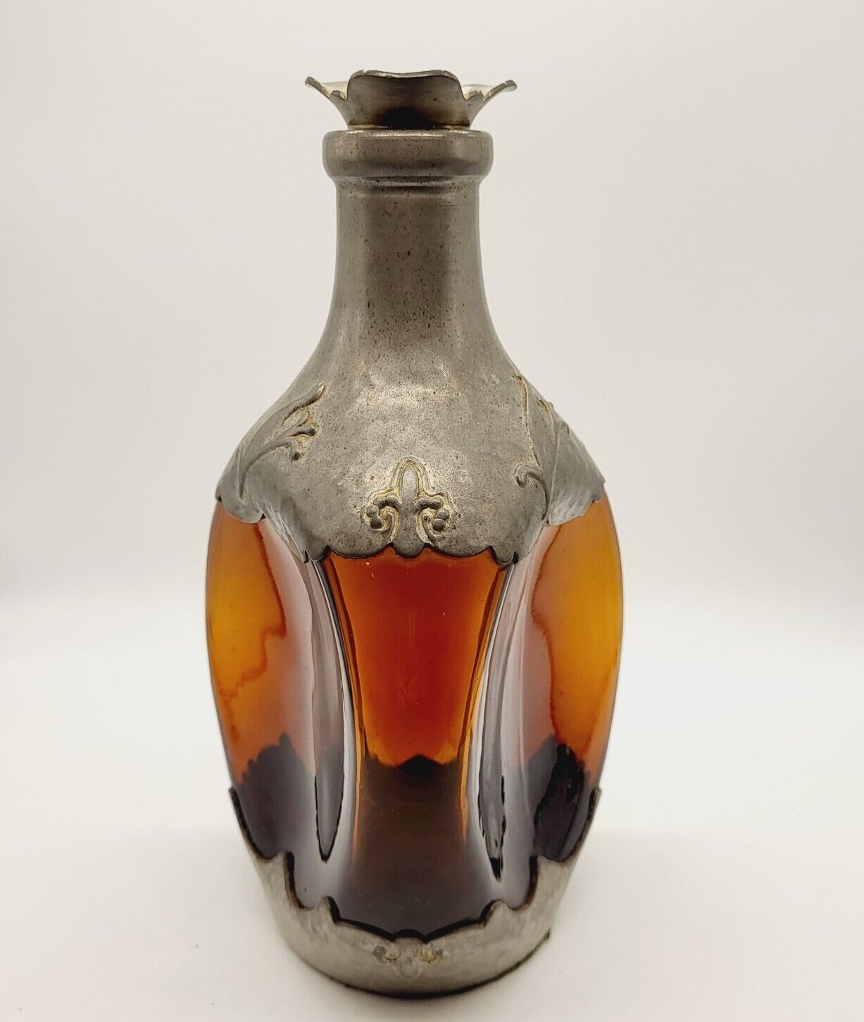 Vintage Glass Bottle Pewter Amber Pinch Decanter  Fleur De Lis Barware
