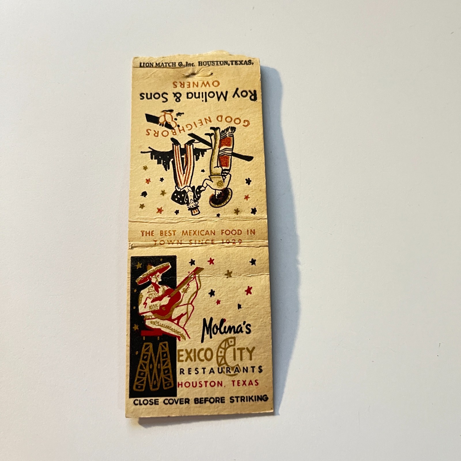 Molina\'s Mexico City Restaurants Houston TX Vintage Matchbook Cover 4MB111-5