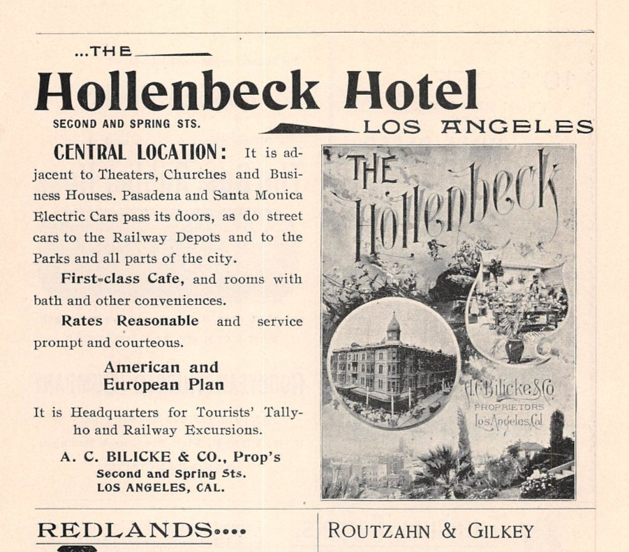 antique 1898 ad HOLLENBECK HOTEL Los Angeles - ARLINGTON HOTEL Santa Barbara CA