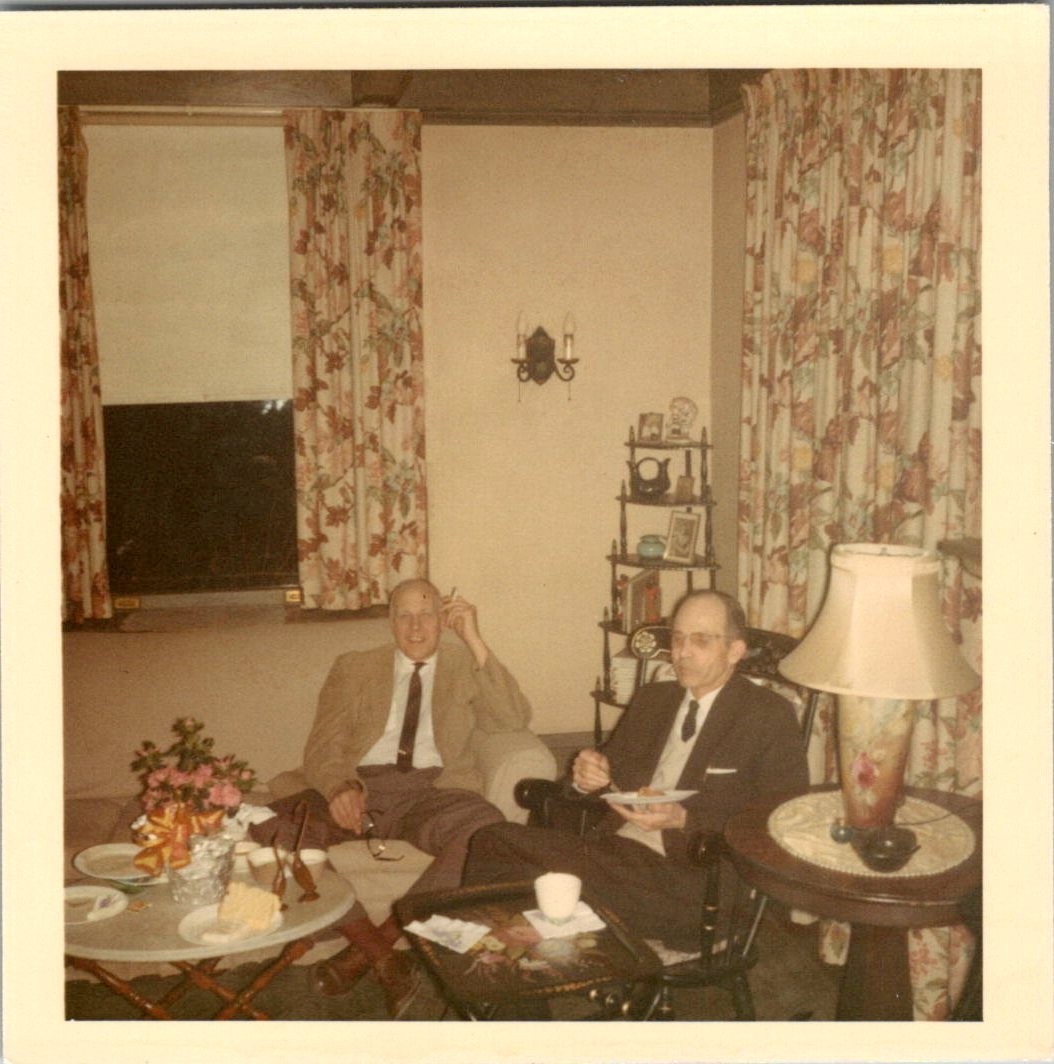 Vtg Color Snapshot Two Men Suits Ties Living Room Cigarette Coffee Table 1960s
