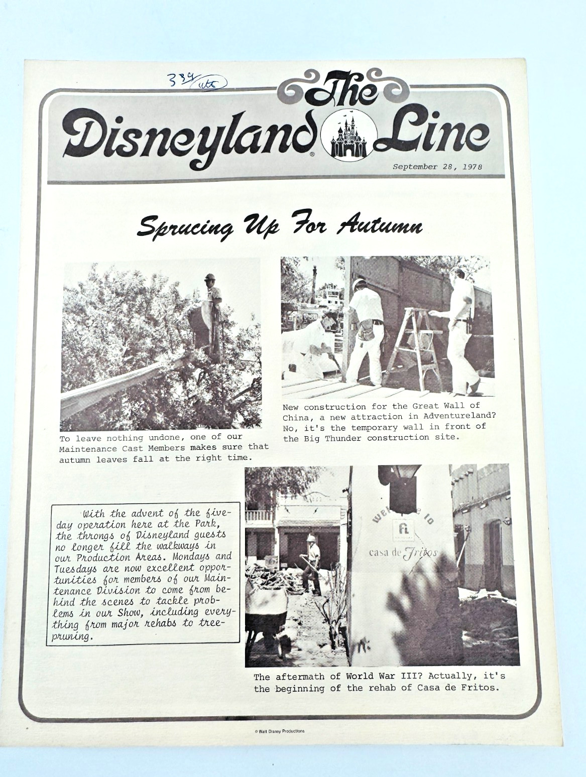 Disneyland Line Sept. 28, 1978 Cast Member News Autumn Renovations