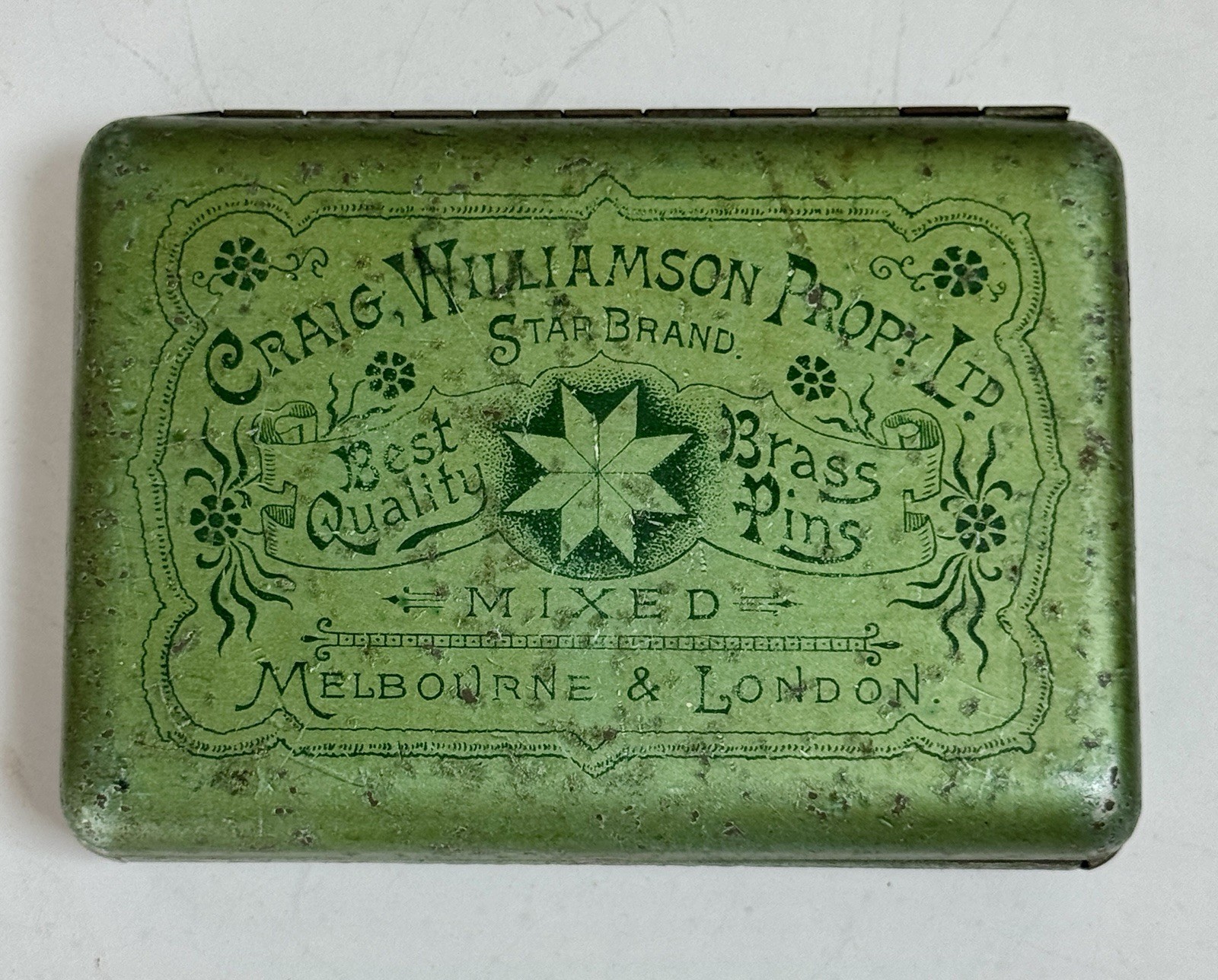 Antique 1870s STAR BRASS PINS Sewing Grocery Shop Advertising Litho Tin MELB