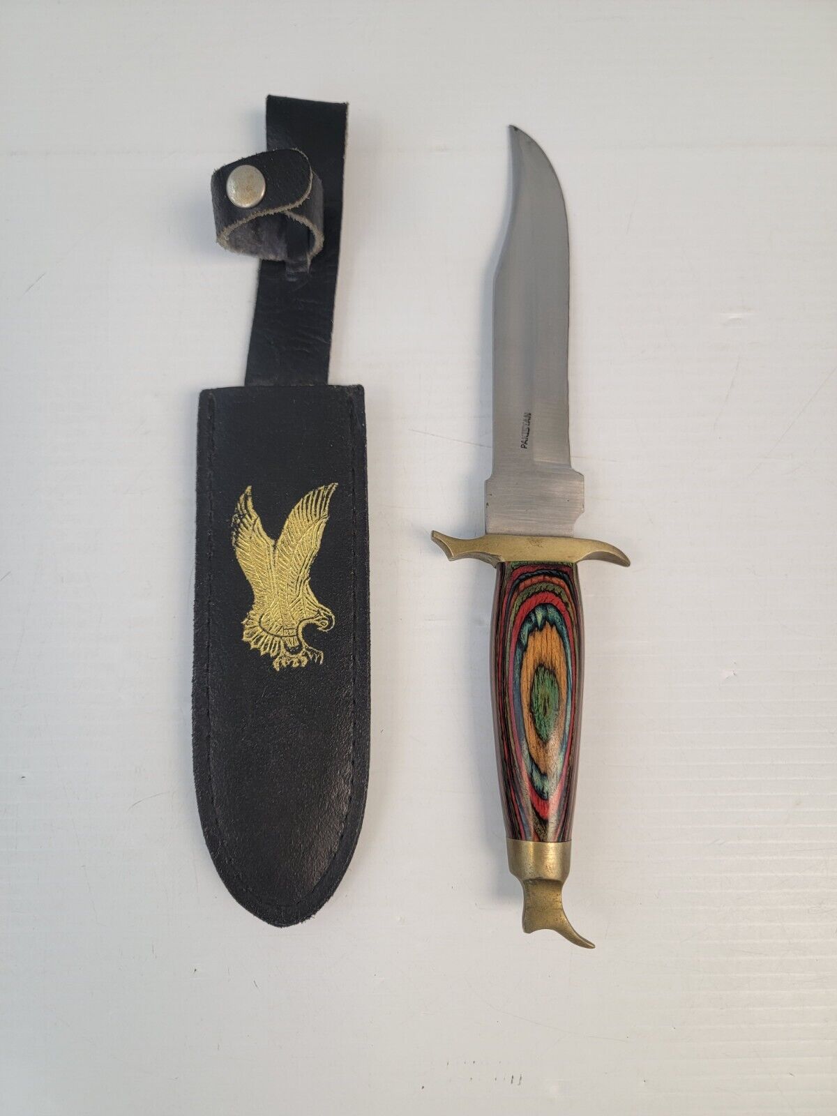 RARE / VINTAGE / PAKISTAN STAINLESS HUNTING KNIFE / UNIQUE BRASS SWIRLED HANDLE