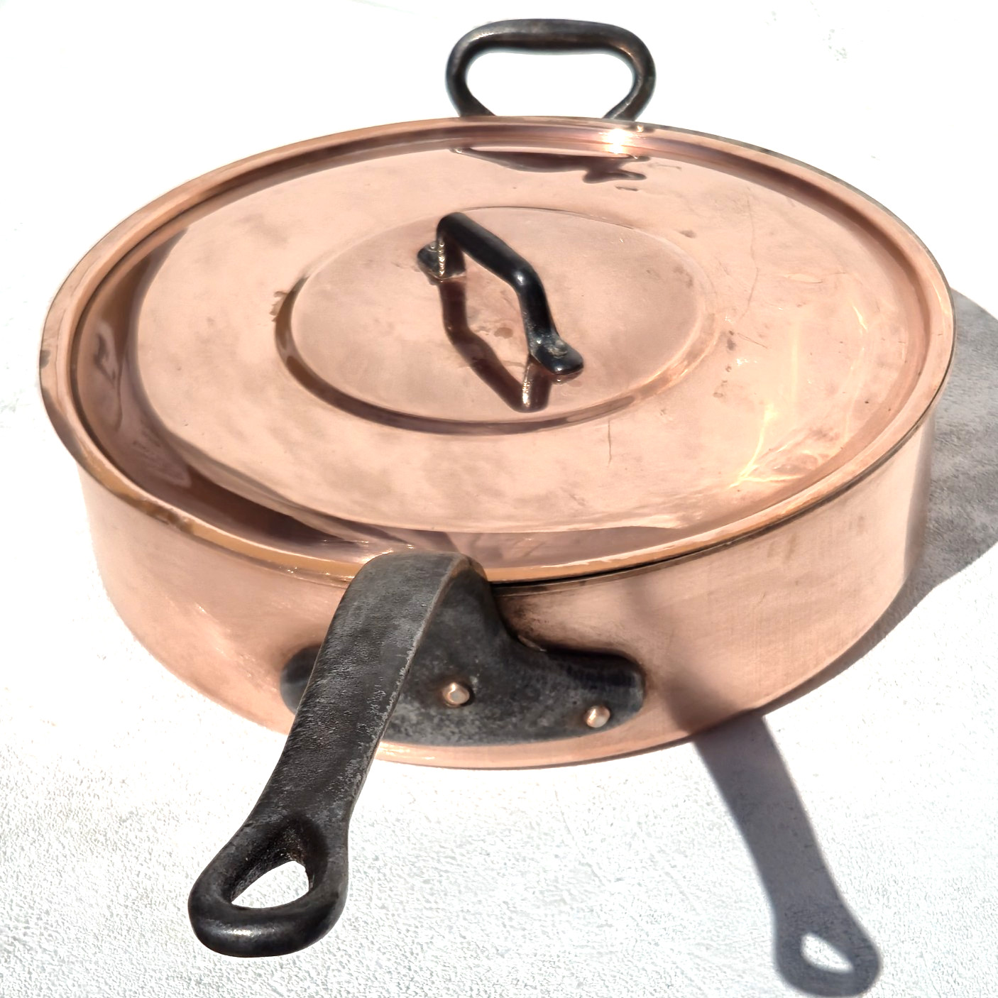Vintage 13inch French Copper Saute Pan W Lid Tin Lining Pouring Rim 3.5mm 13.7lb