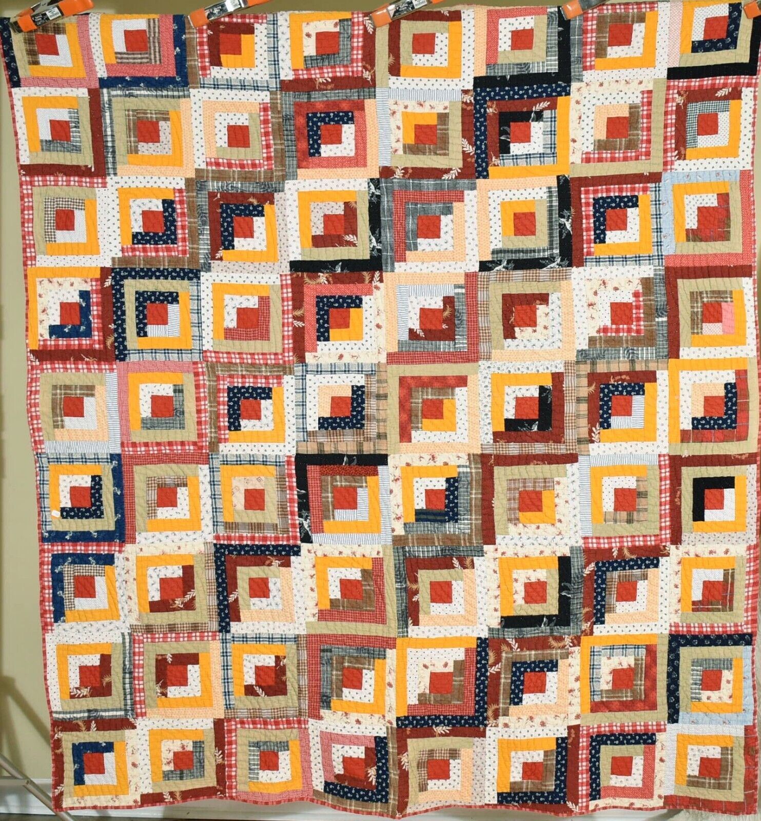 Vintage 1870\'s Straight Furrows Log Cabin Antique Quilt, Red & Cheddar Accents