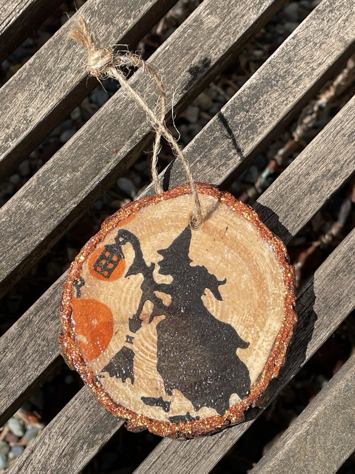 Halloween Ornament Spooky Scary Witch Real Wood Sparkle Artisan Decoupage 3.25\