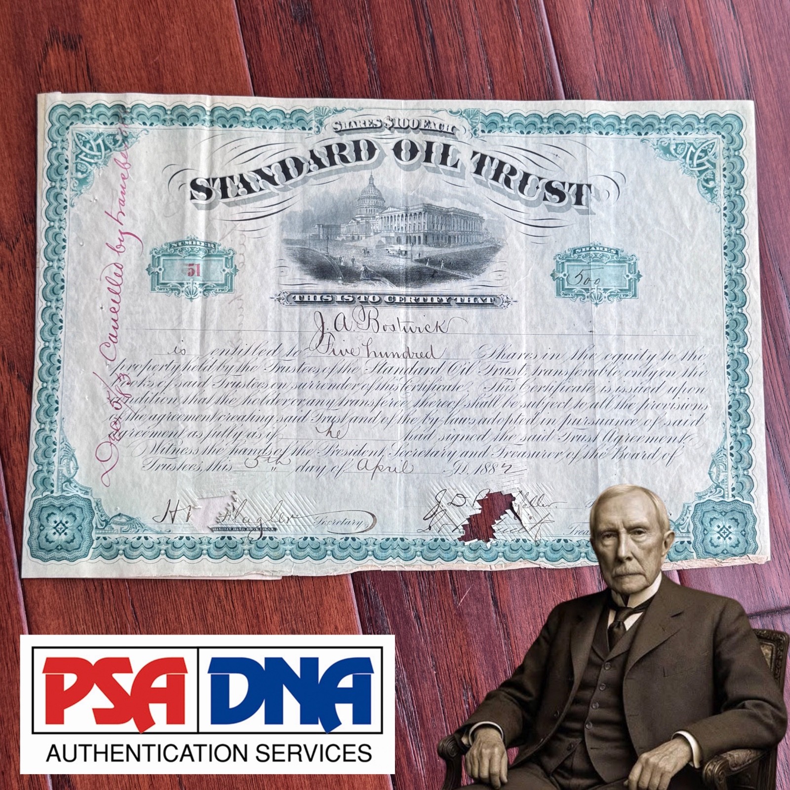 JOHN D. ROCKEFELLER Signed STANDARD OIL Founder Stock Autograph * PSA FLAGLER