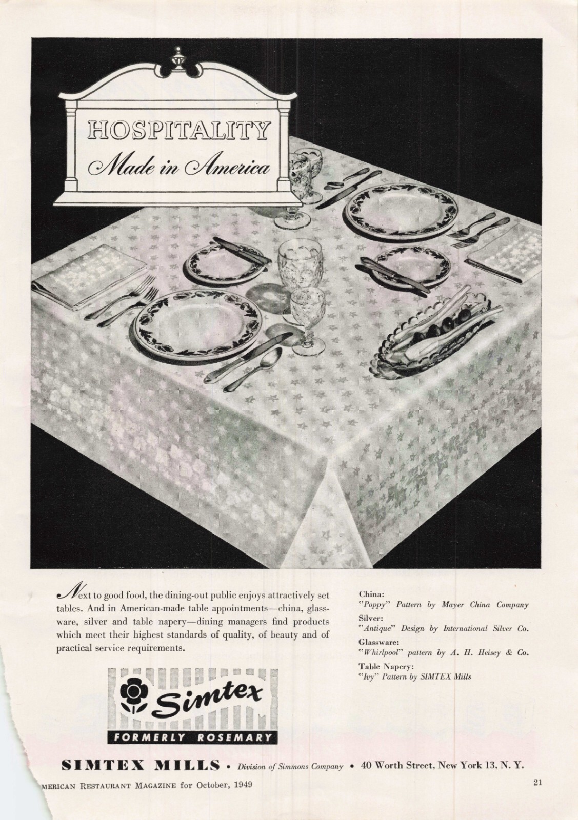VTG 1949 Print Ad Simtex Mills Formerly 
