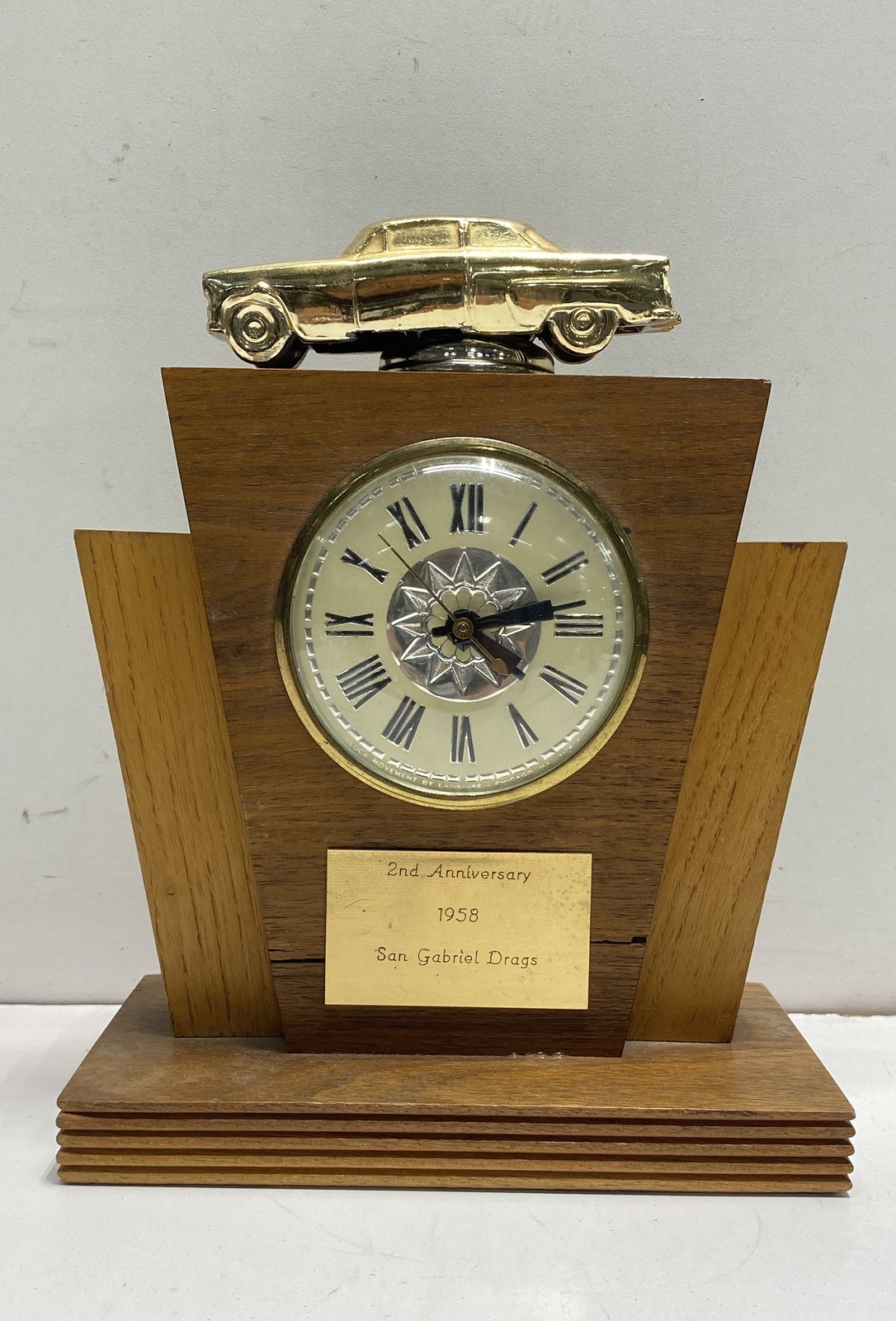 Vintage Lanshire Electric Desk Clock Wood Car Figurine 1958 San Gabriel Drags