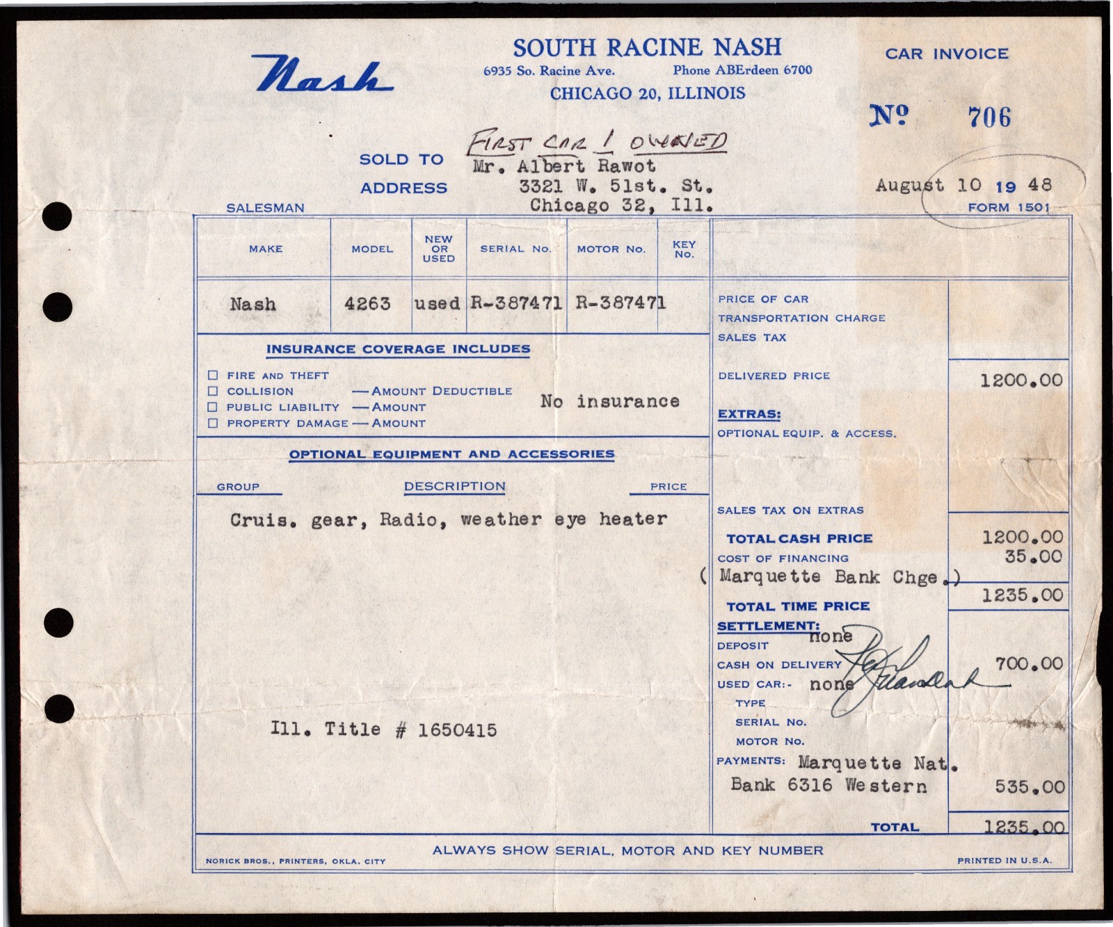 1948 Nash Used Car Dealer Invoice South Racine Nash Chicago IL First Car Owned