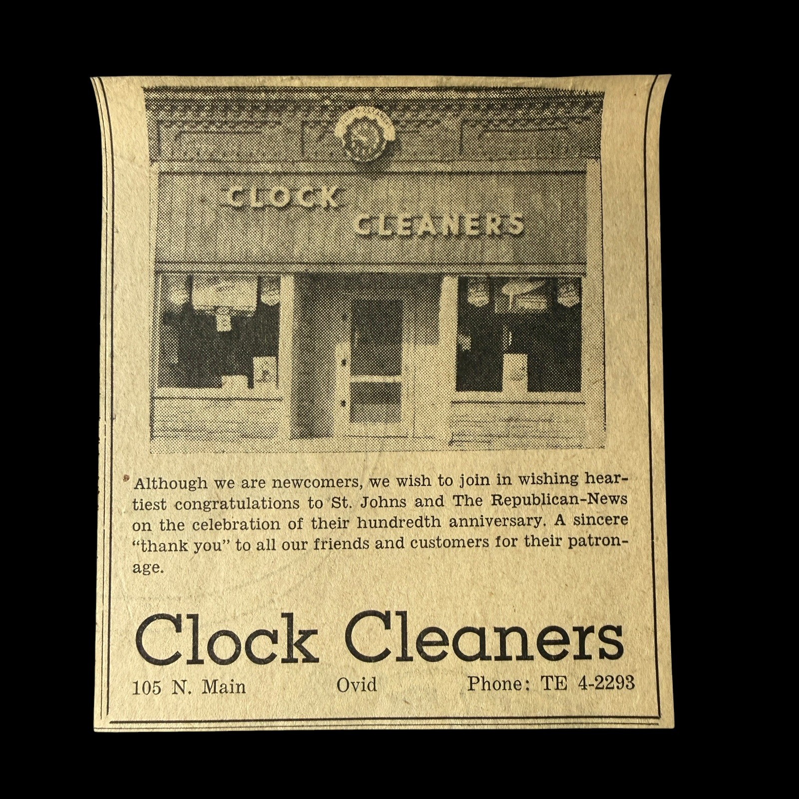 Vintage Clock Cleaners Ovid Michigan St Johns Centennial Dry Cleaning Ad